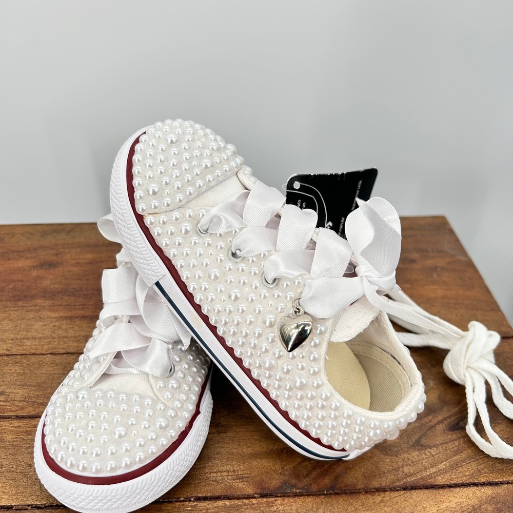 Converse All Star Pearl Embellished Low Top White Ribbon Lace Heart Charm Size 9 - Picture 5 of 7